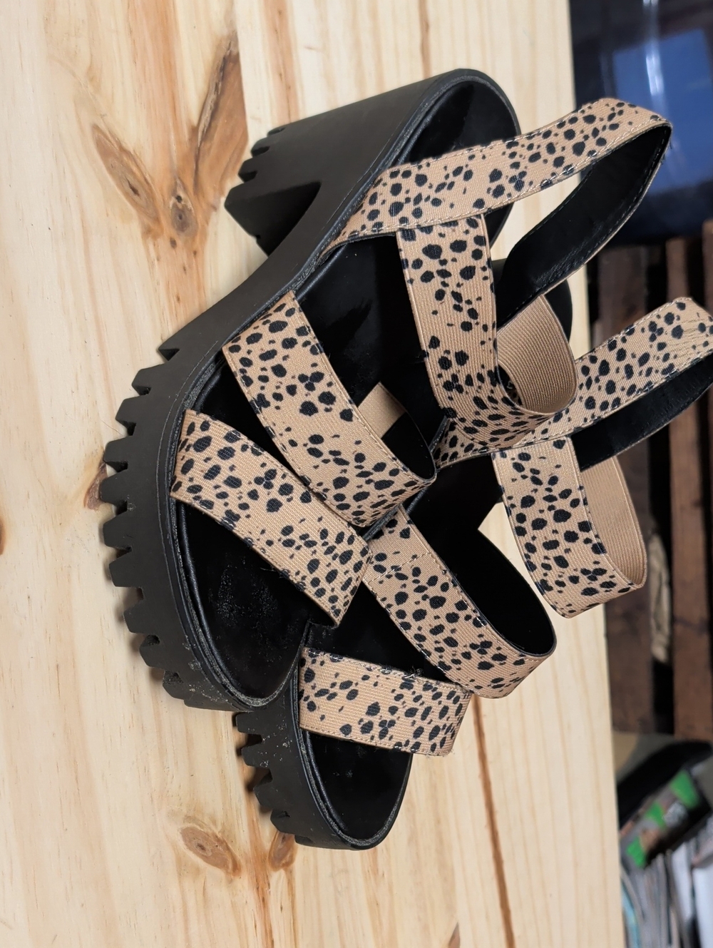 Chunky Platform Sandals in Tan with Black Speckle Straps